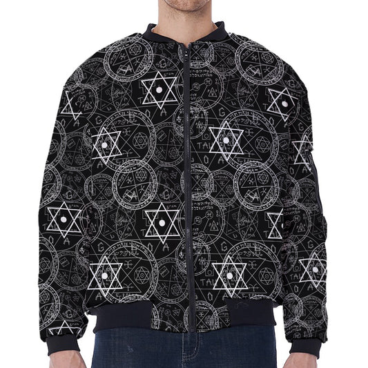 Black And White Mystic Witch Print Zip Sleeve Bomber Jacket