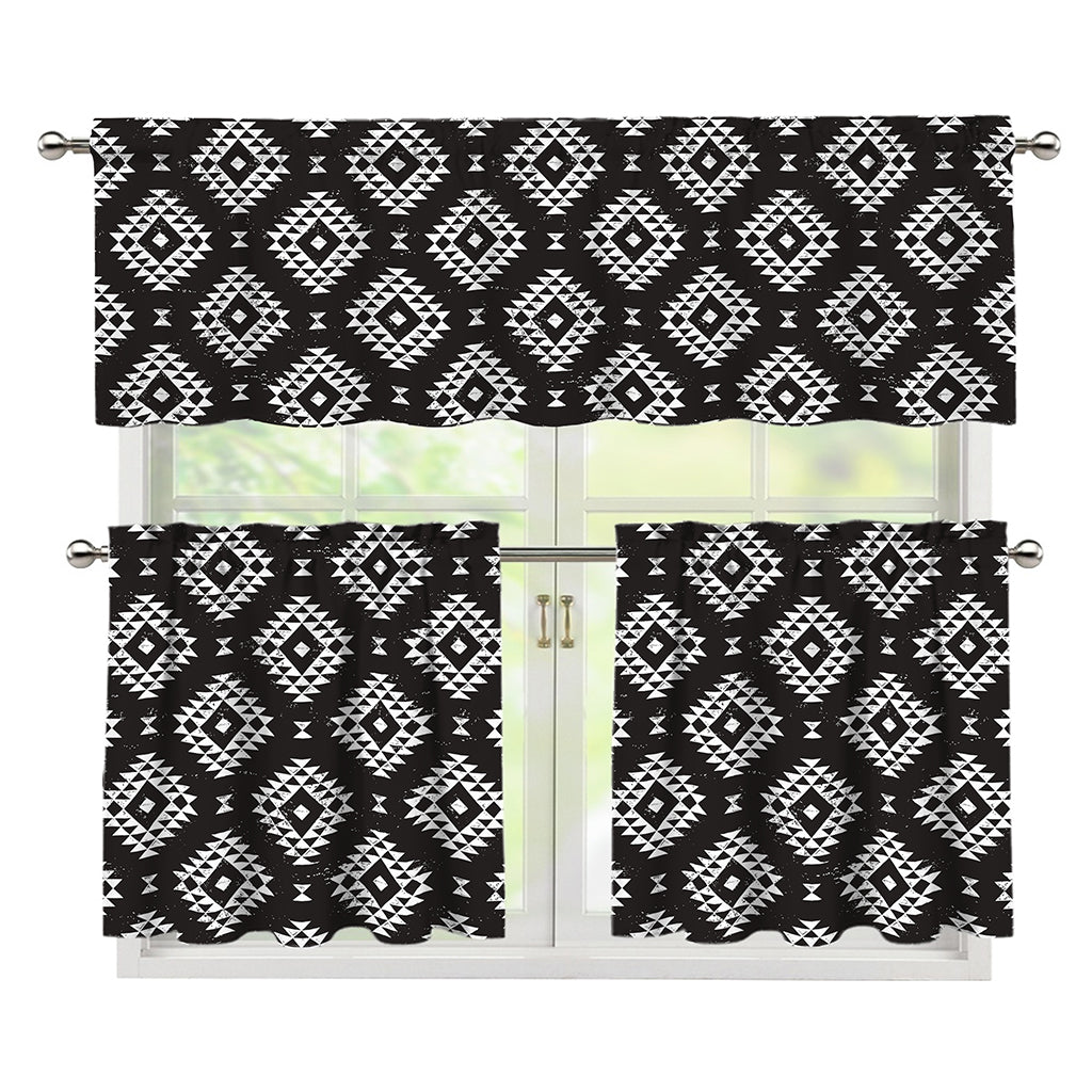 Black And White Navajo Pattern Print 3 Piece Kitchen Curtains