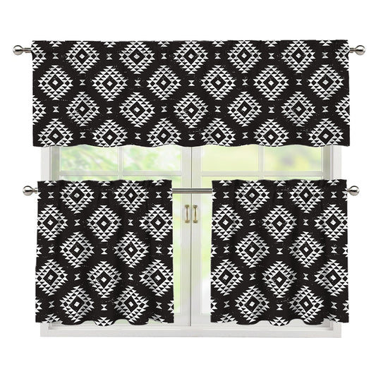 Black And White Navajo Pattern Print 3 Piece Kitchen Curtains