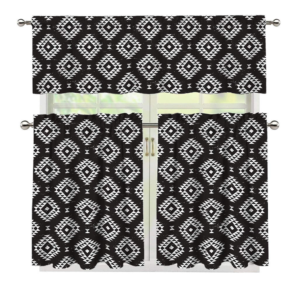 Black And White Navajo Pattern Print 3 Piece Kitchen Curtains
