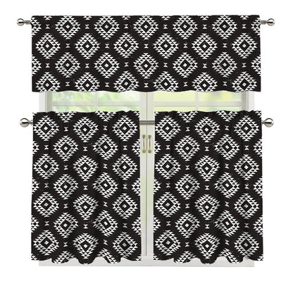Black And White Navajo Pattern Print 3 Piece Kitchen Curtains