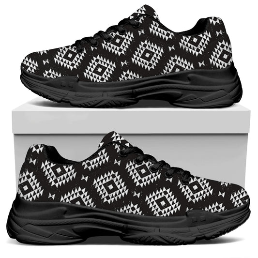 Black And White Navajo Pattern Print Black Chunky Shoes
