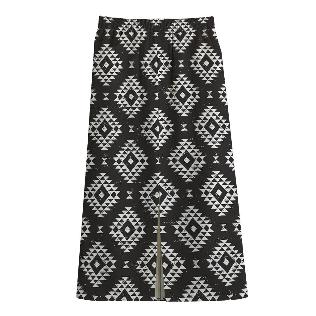 Black And White Navajo Pattern Print Cotton Front Slit Maxi Skirt