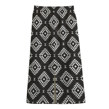 Black And White Navajo Pattern Print Cotton Front Slit Maxi Skirt