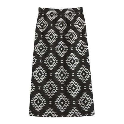 Black And White Navajo Pattern Print Cotton Front Slit Maxi Skirt