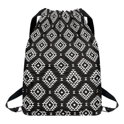 Black And White Navajo Pattern Print Drawstring Backpack