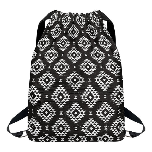 Black And White Navajo Pattern Print Drawstring Backpack