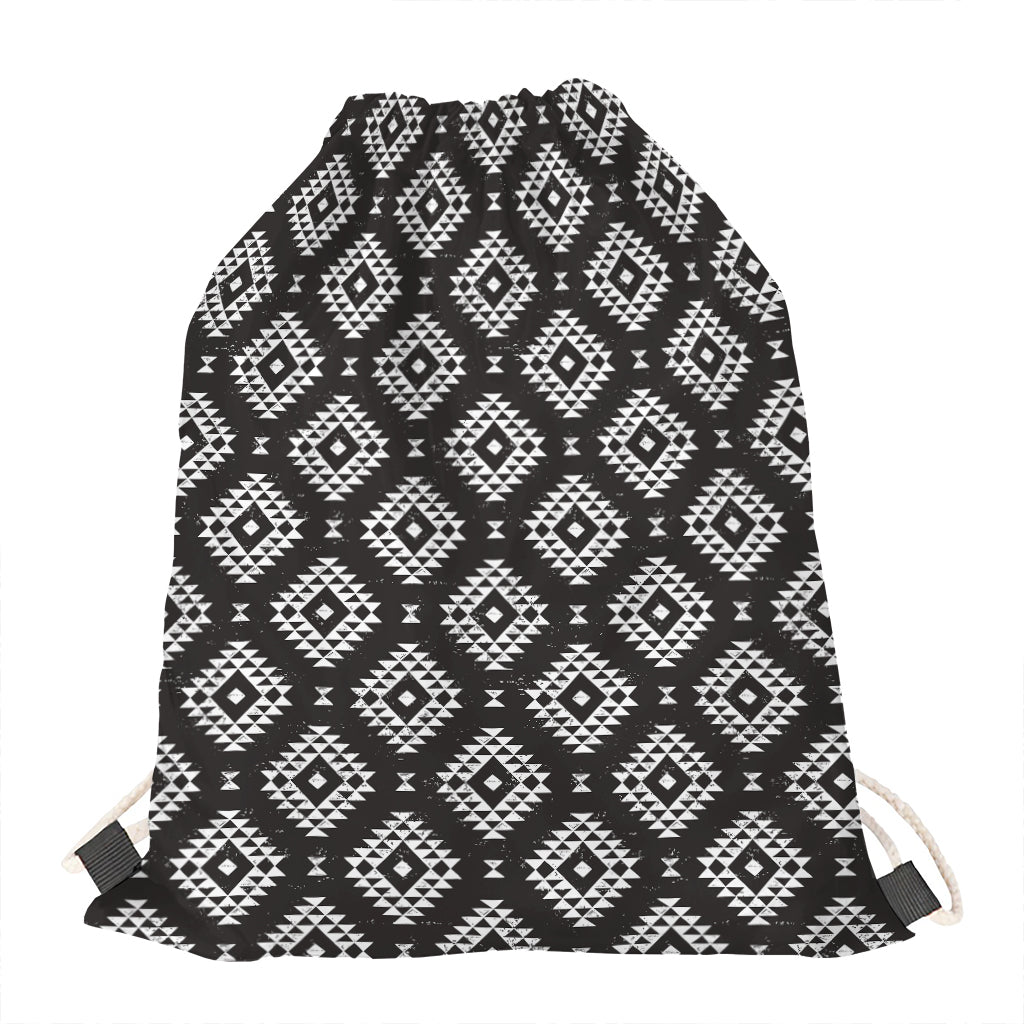 Black And White Navajo Pattern Print Drawstring Bag