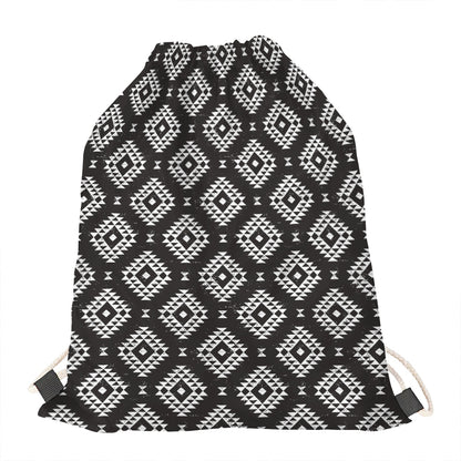 Black And White Navajo Pattern Print Drawstring Bag