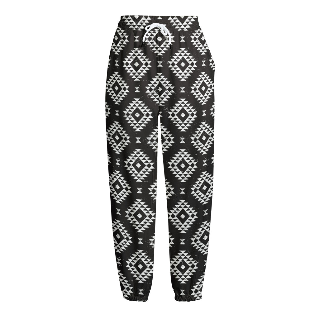 Black And White Navajo Pattern Print Fleece Lined Knit Pants