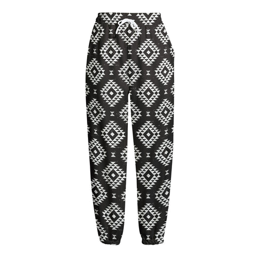 Black And White Navajo Pattern Print Fleece Lined Knit Pants