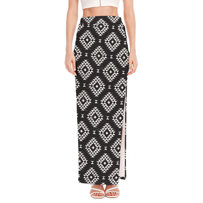 Black And White Navajo Pattern Print High Slit Maxi Skirt