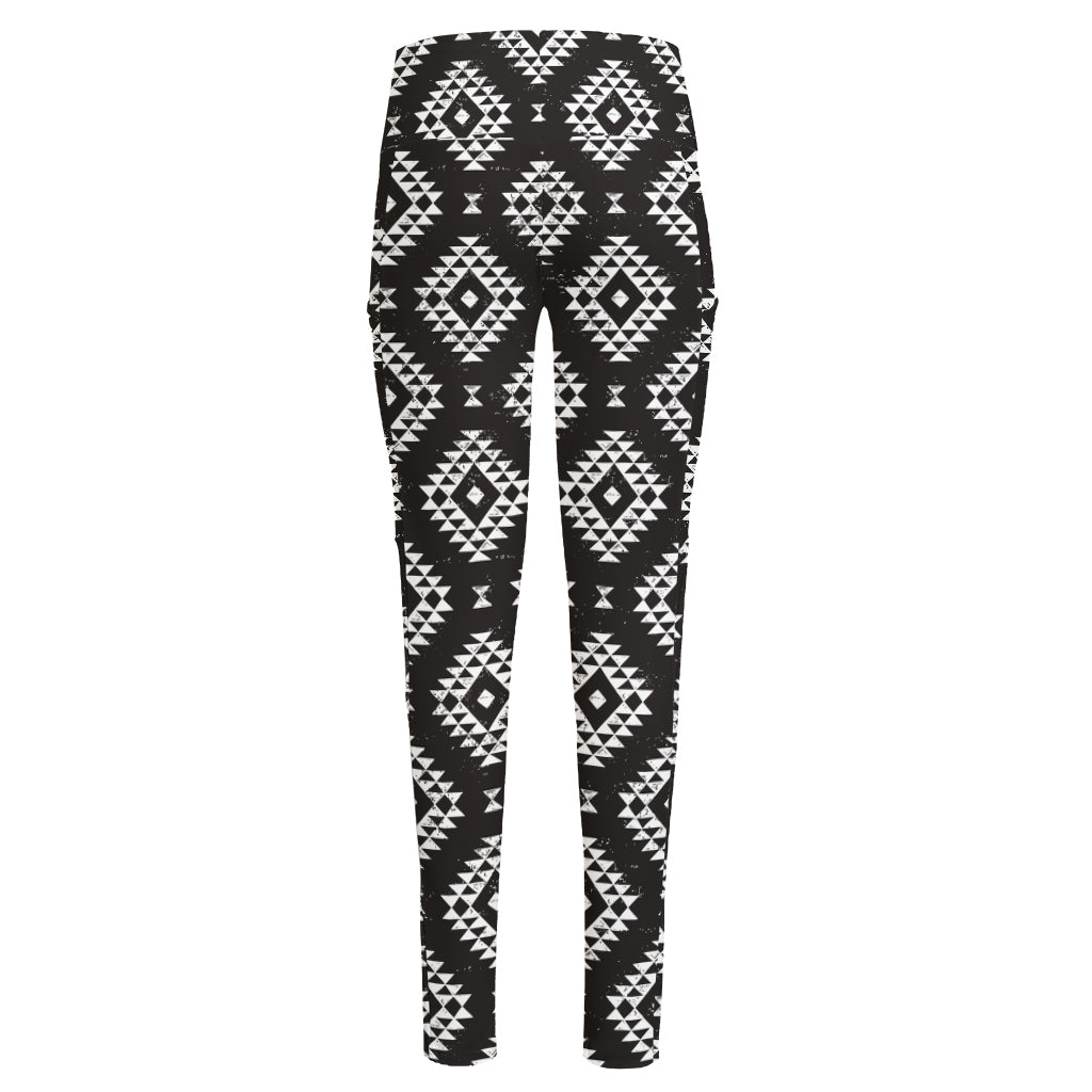 Black And White Navajo Pattern Print High-Waisted Pocket Leggings