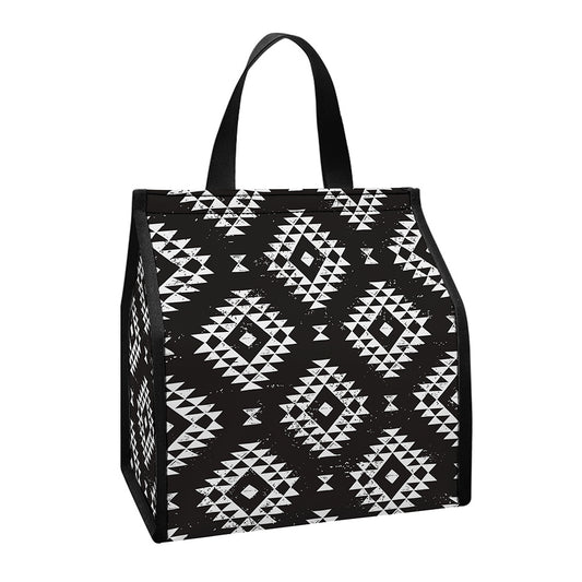 Black And White Navajo Pattern Print Insulated Lunch Tote