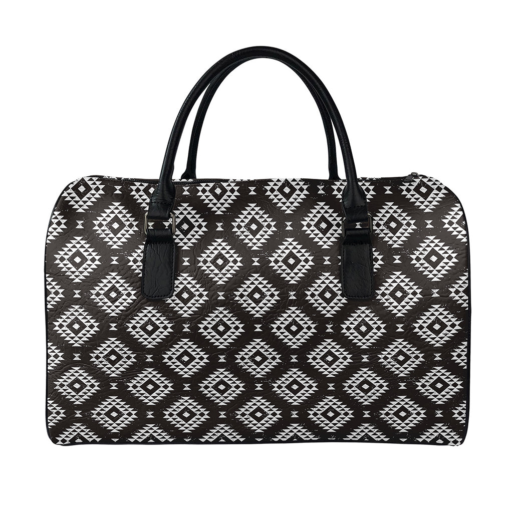 Black And White Navajo Pattern Print Leather Duffle Bag