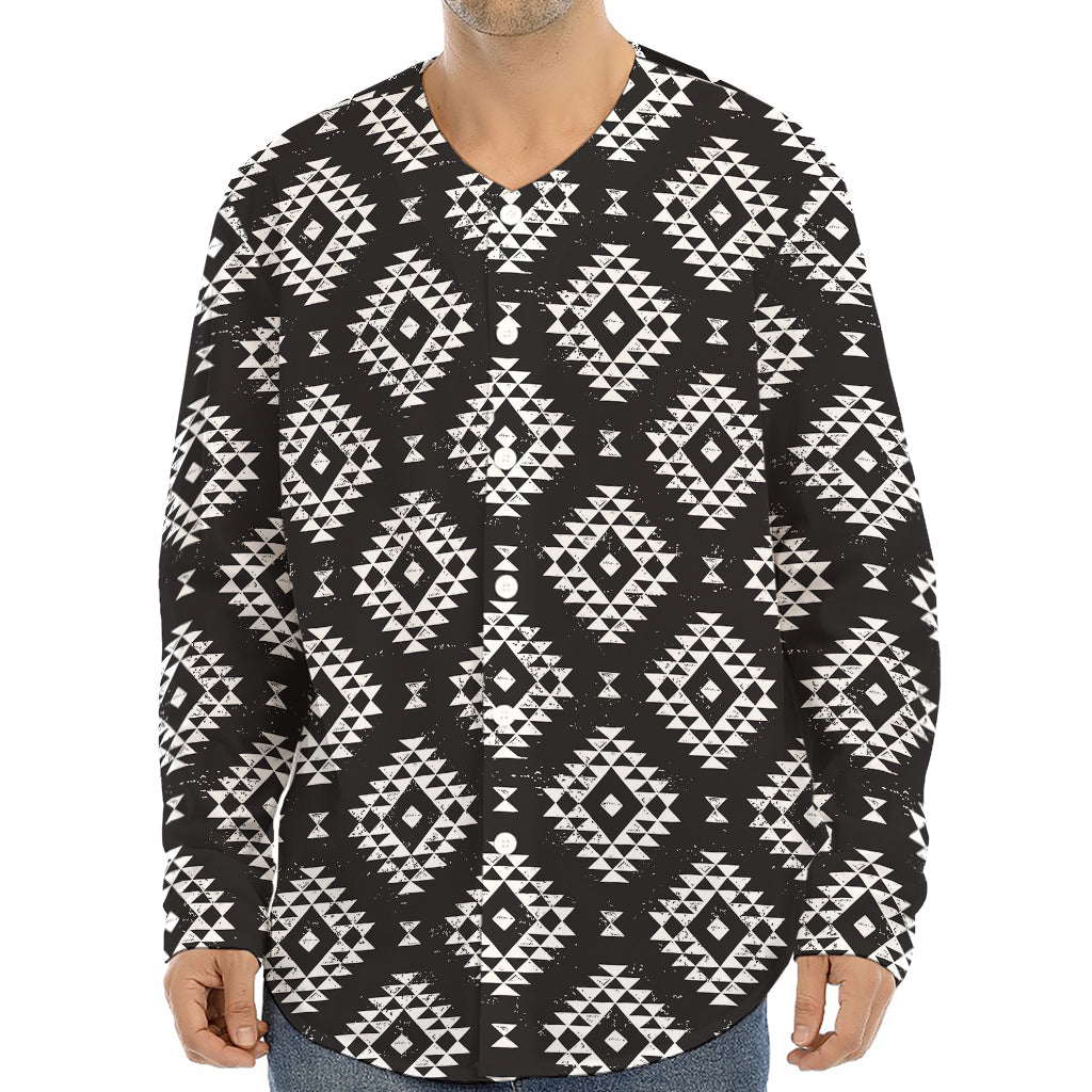 Black And White Navajo Pattern Print Long Sleeve Baseball Jersey