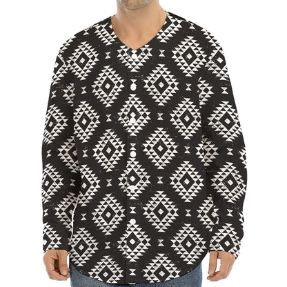Black And White Navajo Pattern Print Long Sleeve Baseball Jersey
