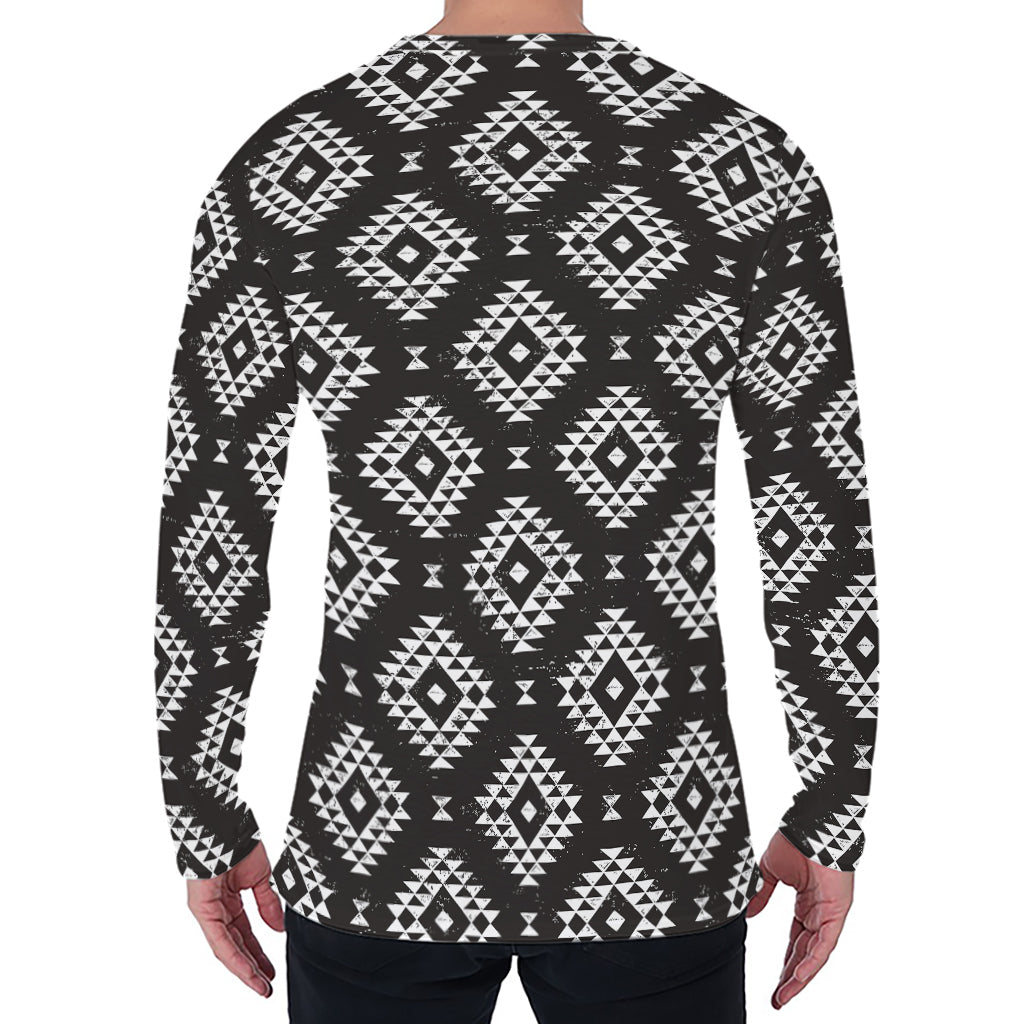 Black And White Navajo Pattern Print Men's Long Sleeve T-Shirt