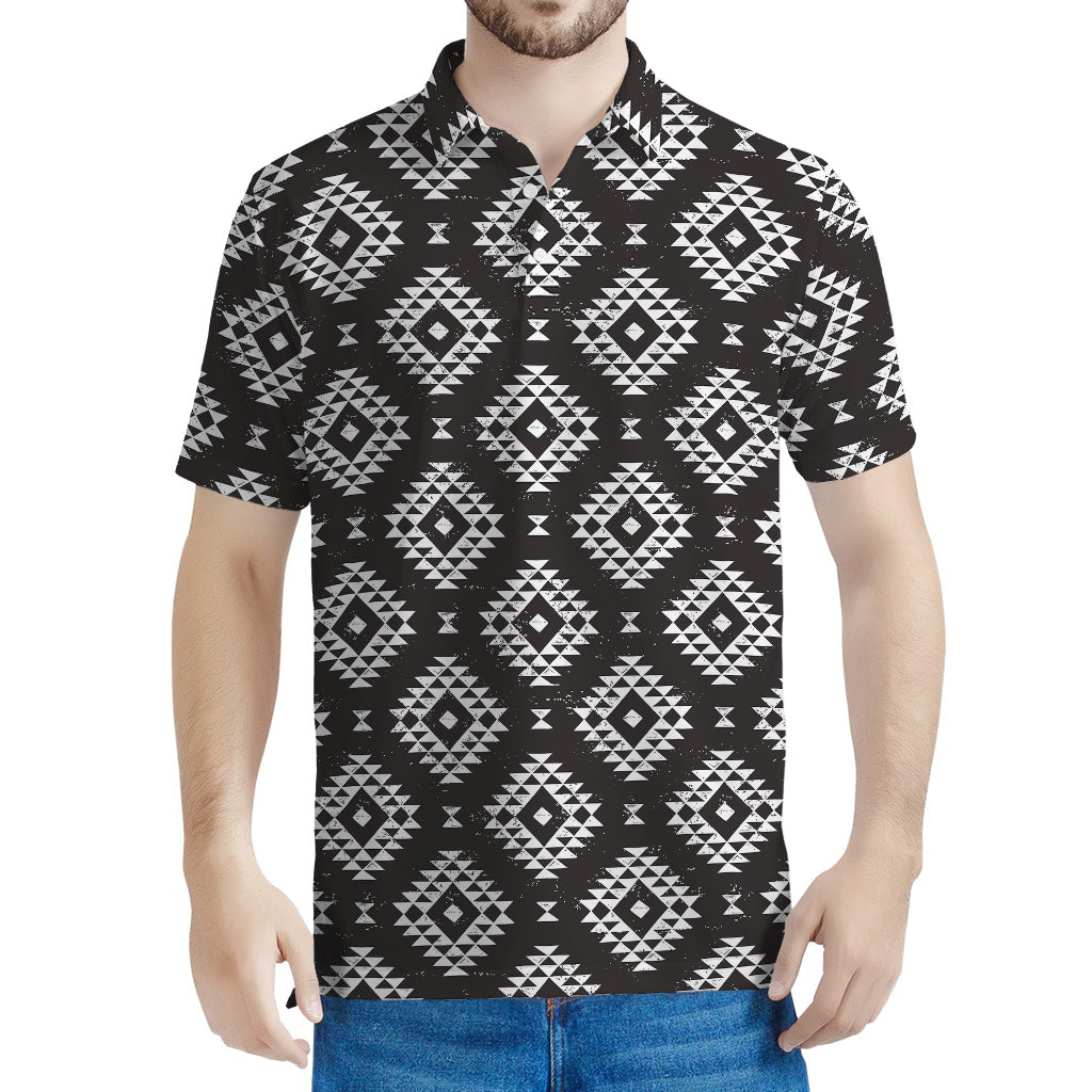 Black And White Navajo Pattern Print Men's Polo Shirt
