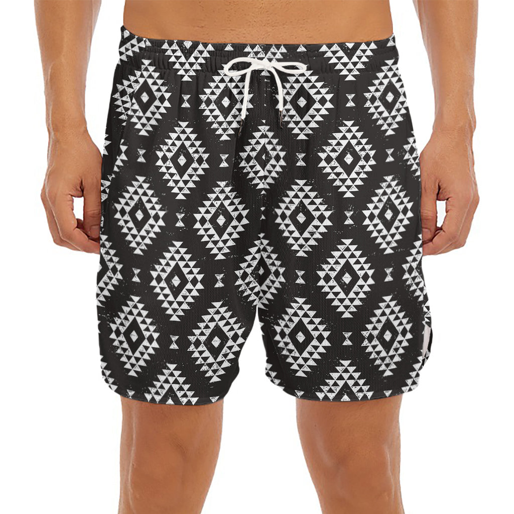 Black And White Navajo Pattern Print Men's Split Running Shorts