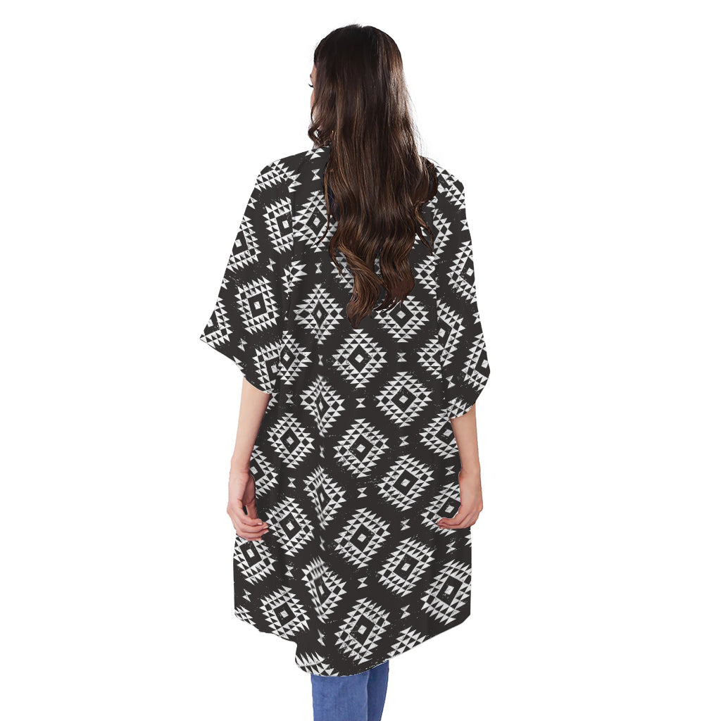Black And White Navajo Pattern Print Open Front Beach Cover Up