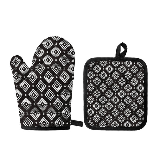 Black And White Navajo Pattern Print Oven Mitt And Pot Holder Set