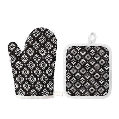 Black And White Navajo Pattern Print Oven Mitt And Pot Holder Set