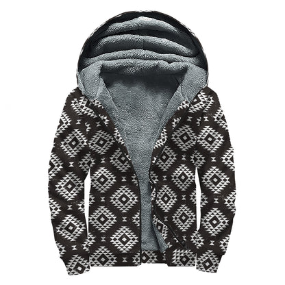 Black And White Navajo Pattern Print Sherpa Lined Zip Up Hoodie