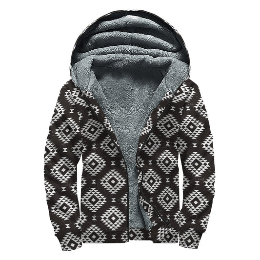 Black And White Navajo Pattern Print Sherpa Lined Zip Up Hoodie