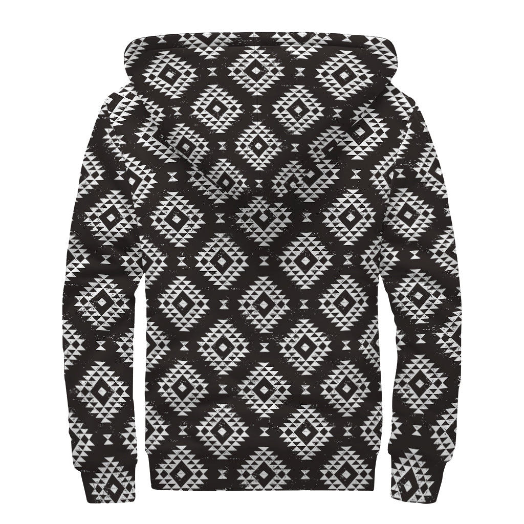 Black And White Navajo Pattern Print Sherpa Lined Zip Up Hoodie