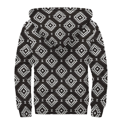 Black And White Navajo Pattern Print Sherpa Lined Zip Up Hoodie