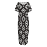 Black And White Navajo Pattern Print Short Sleeve Long Nightdress