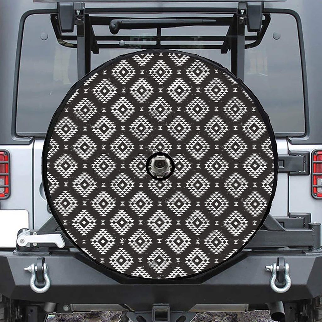 Black And White Navajo Pattern Print Tire Cover With Camera Hole