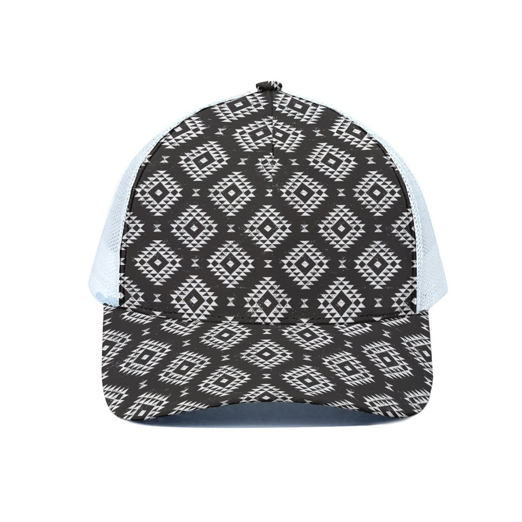 Black And White Navajo Pattern Print White Mesh Trucker Cap