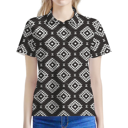 Black And White Navajo Pattern Print Women's Polo Shirt