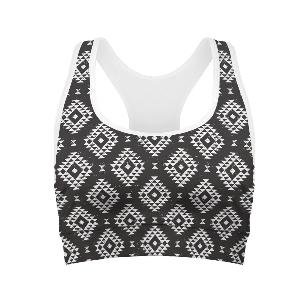 Black And White Navajo Pattern Print Women's Sports Bra