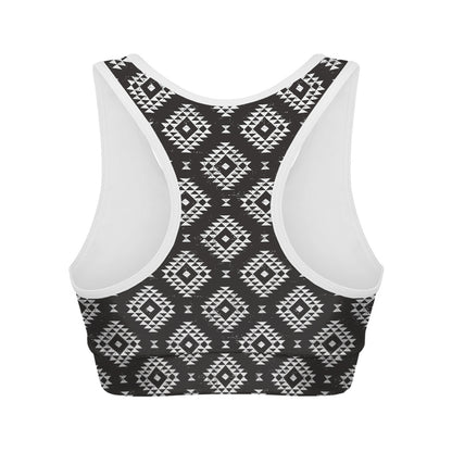 Black And White Navajo Pattern Print Women's Sports Bra