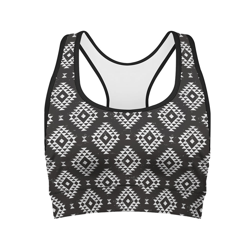 Black And White Navajo Pattern Print Women's Sports Bra