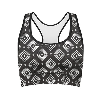 Black And White Navajo Pattern Print Women's Sports Bra