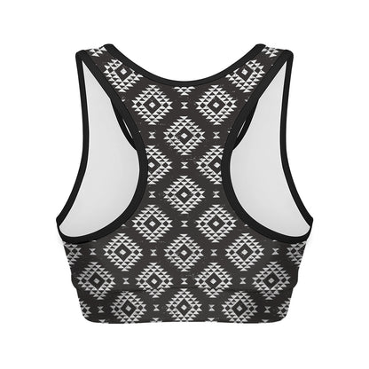 Black And White Navajo Pattern Print Women's Sports Bra