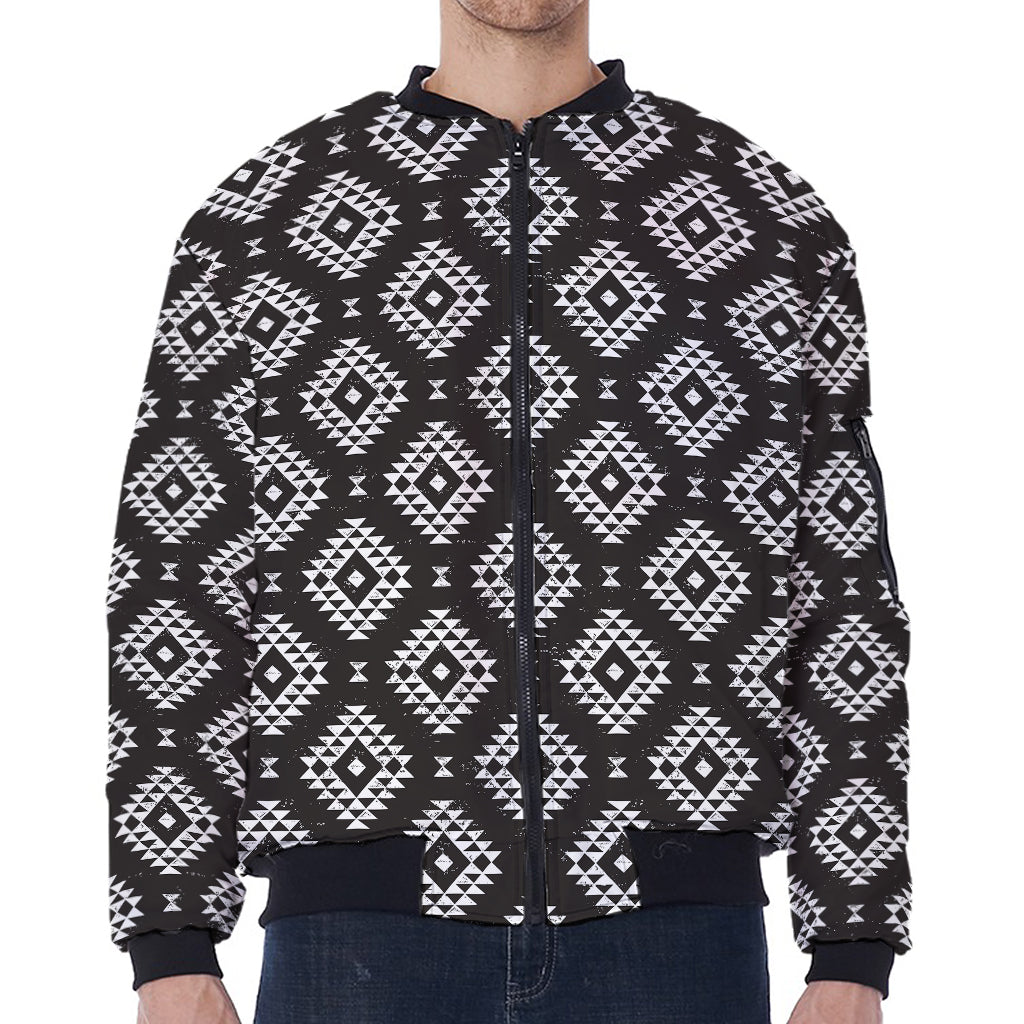 Black And White Navajo Pattern Print Zip Sleeve Bomber Jacket
