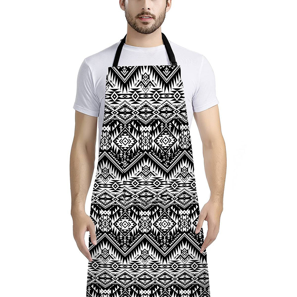 Black And White Navajo Print Bib Apron With Pocket