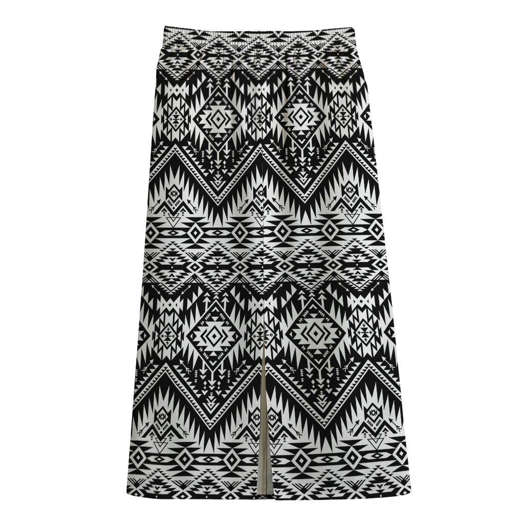 Black And White Navajo Print Cotton Front Slit Maxi Skirt