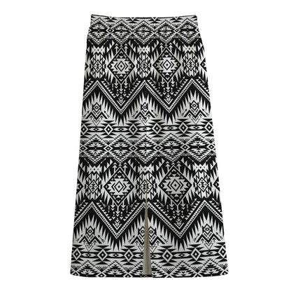 Black And White Navajo Print Cotton Front Slit Maxi Skirt