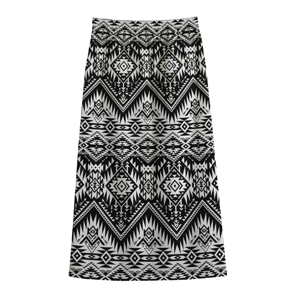 Black And White Navajo Print Cotton Front Slit Maxi Skirt