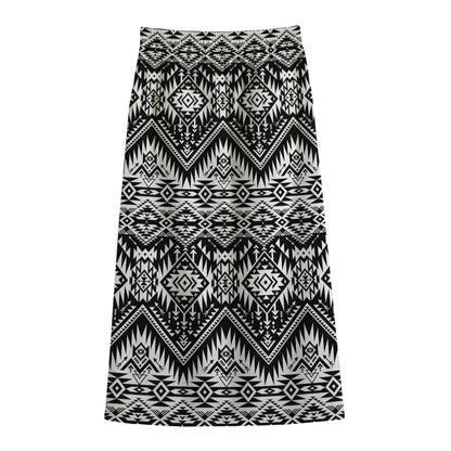 Black And White Navajo Print Cotton Front Slit Maxi Skirt
