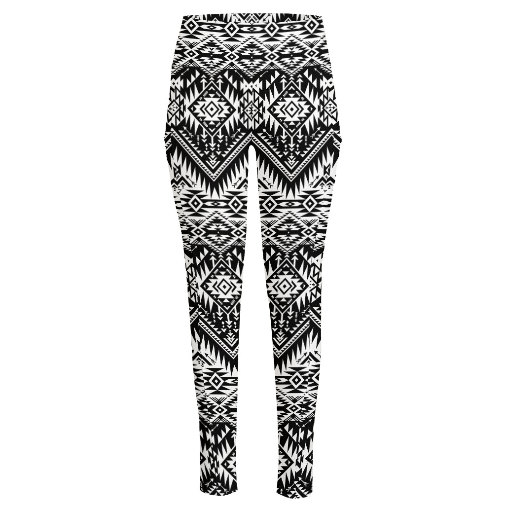 Black And White Navajo Print High-Waisted Pocket Leggings