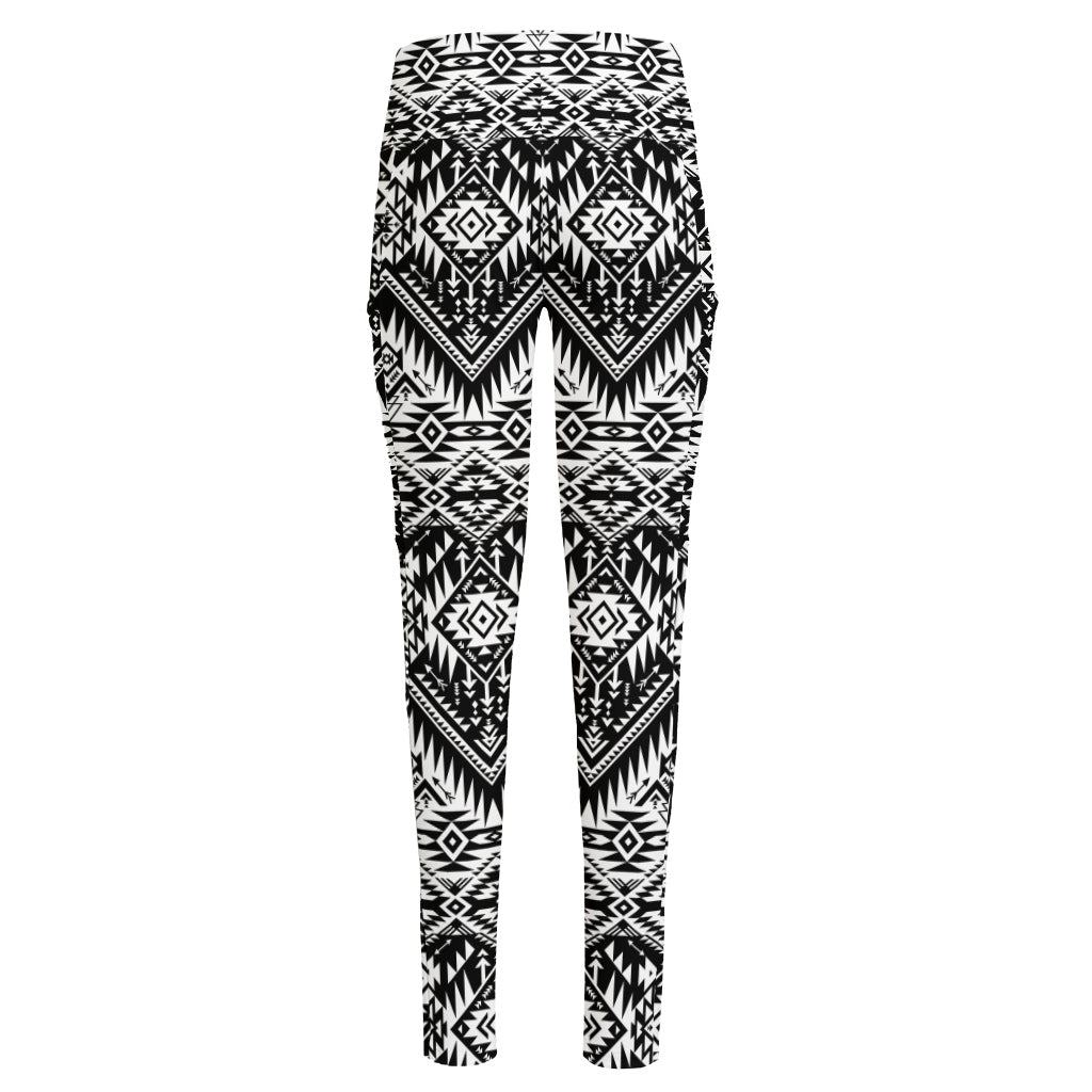 Black And White Navajo Print High-Waisted Pocket Leggings