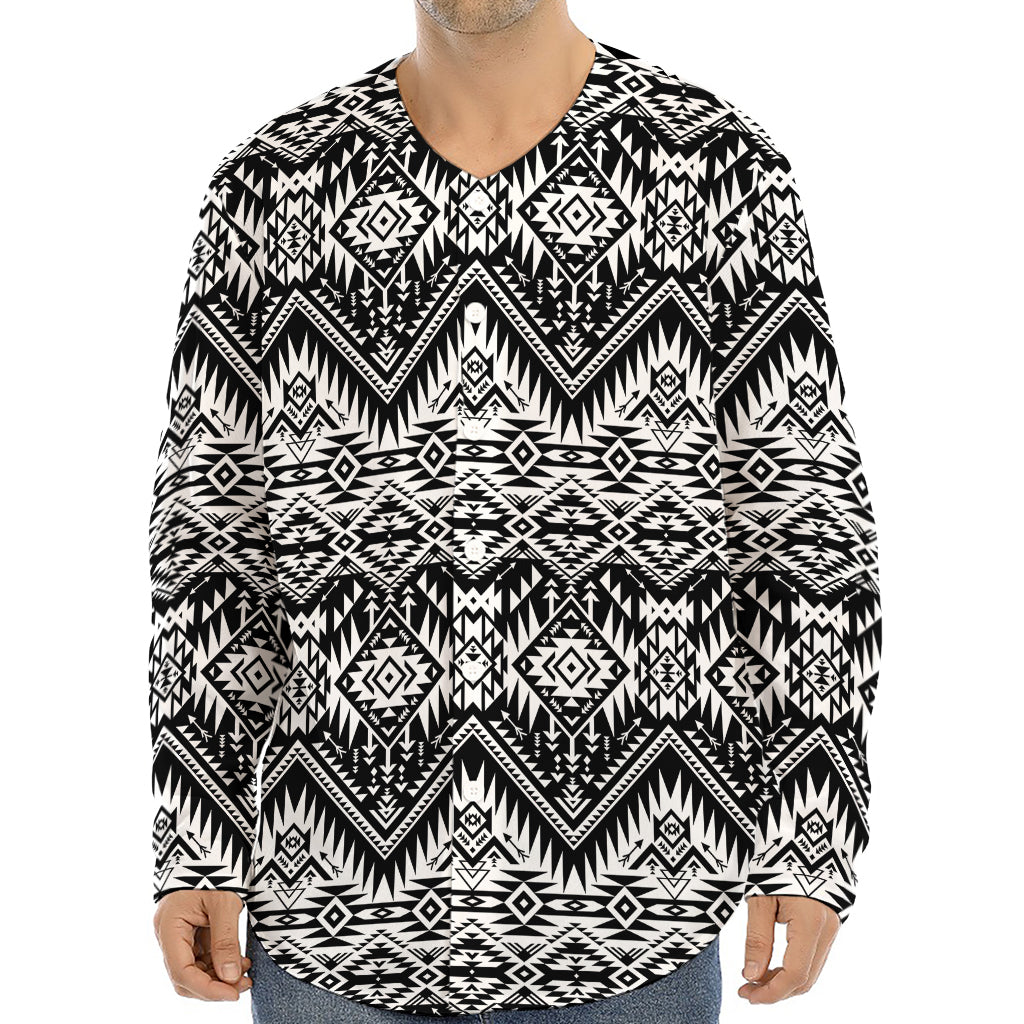 Black And White Navajo Print Long Sleeve Baseball Jersey