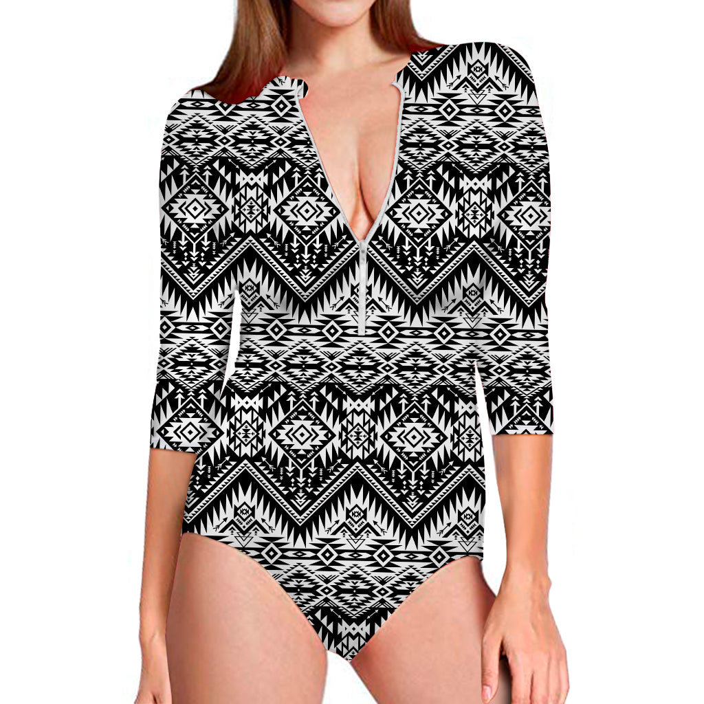 Black And White Navajo Print Long Sleeve Swimsuit